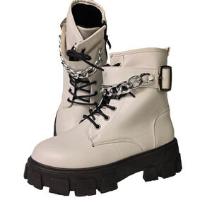 YOKI Combat Military Tactical Boots Women's White Leather Chain Platform - 8 NEW